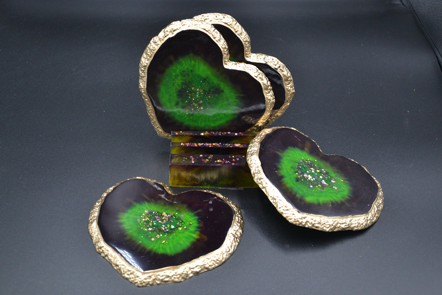 Epoxy pohár alátét készlet tartóval (zöld)